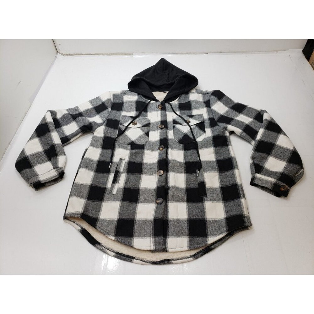 Yeokou Women's Jacket Shacket Hooded Long Sleeve Black Plaid Size S NWT